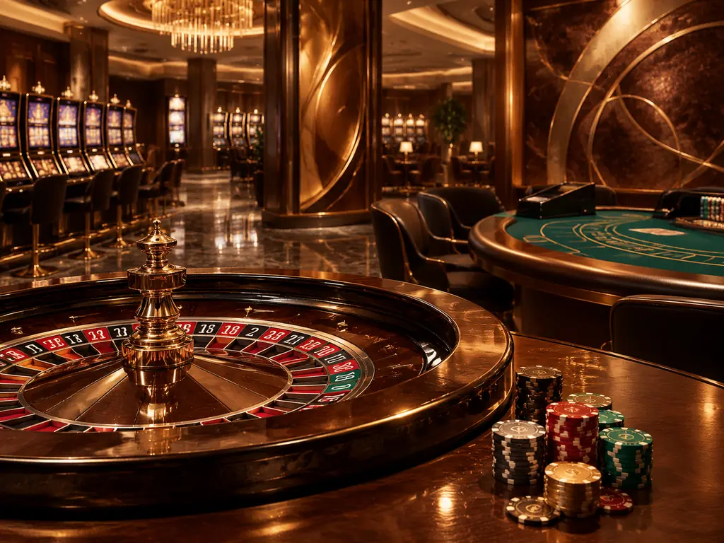 Interior kasino bernuansa tembaga dengan roda roulette, meja kartu, dan mesin slot di latar belakang