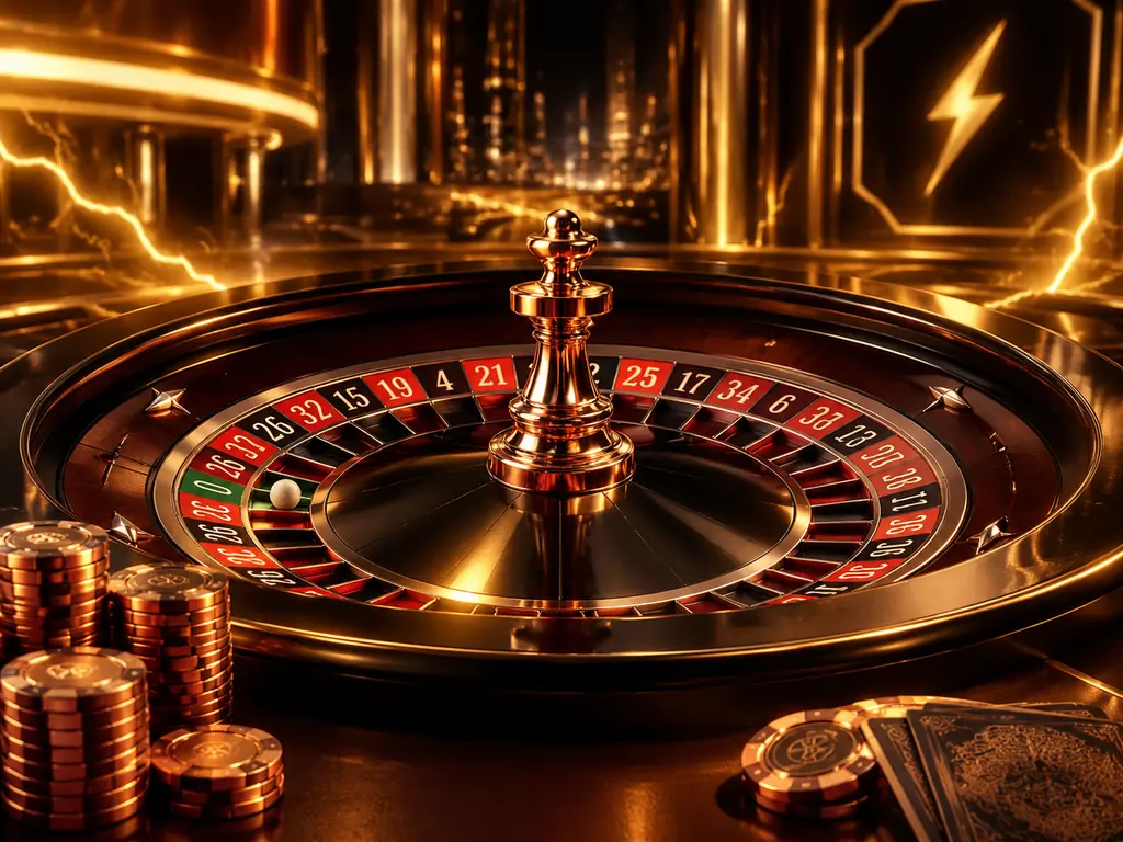 Roda roulette dengan aksen cahaya kuning dan cip tembaga