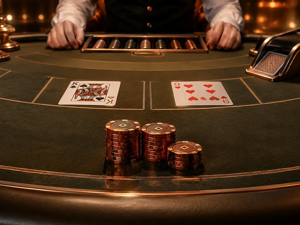 Meja baccarat di kasino dengan kartu dan tumpukan cip