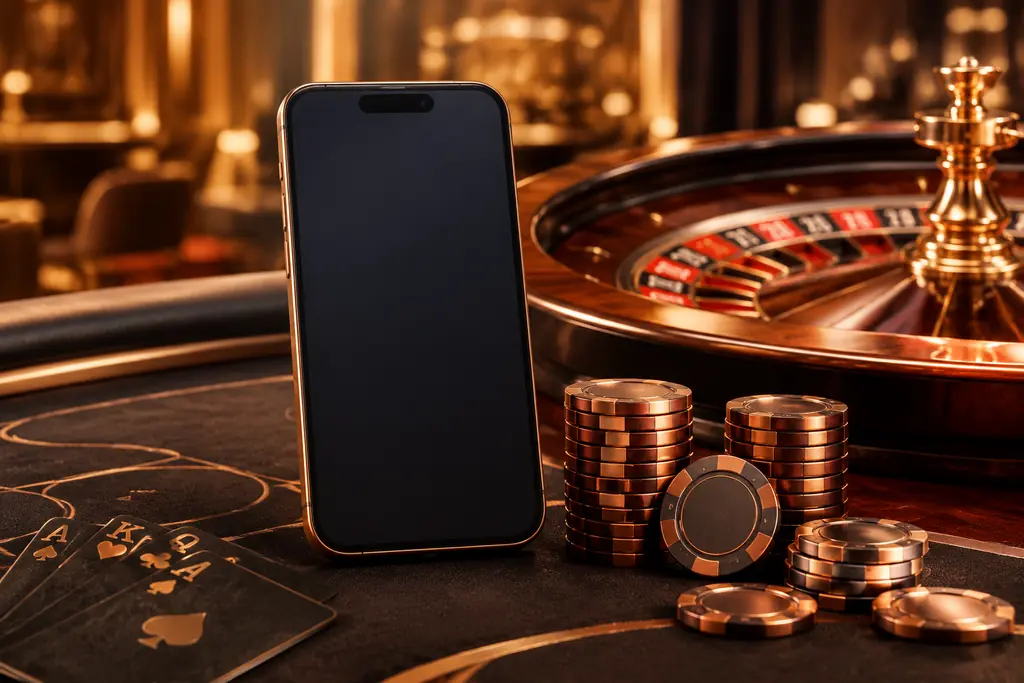 Ponsel di samping meja roulette dan cip kasino