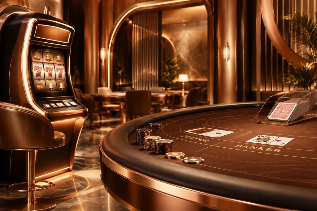 Mesin slot dan meja permainan dalam ruang kasino