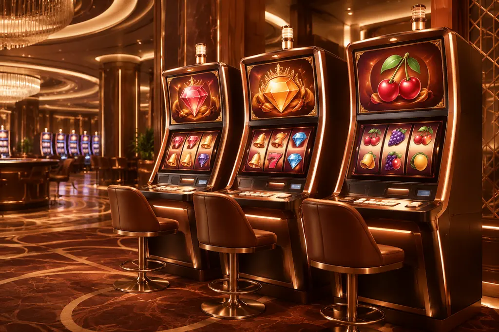 Deretan mesin slot di ruang kasino dengan pencahayaan tembaga