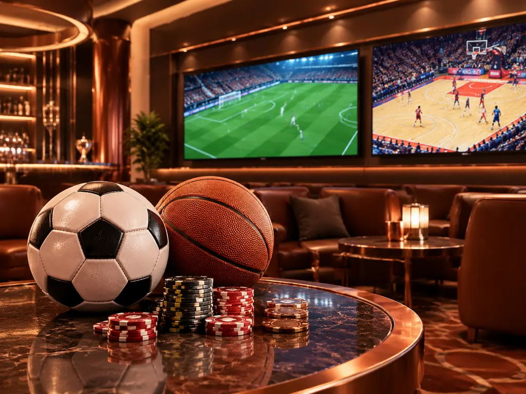 Lounge olahraga bertema kasino dengan layar pertandingan dan bola