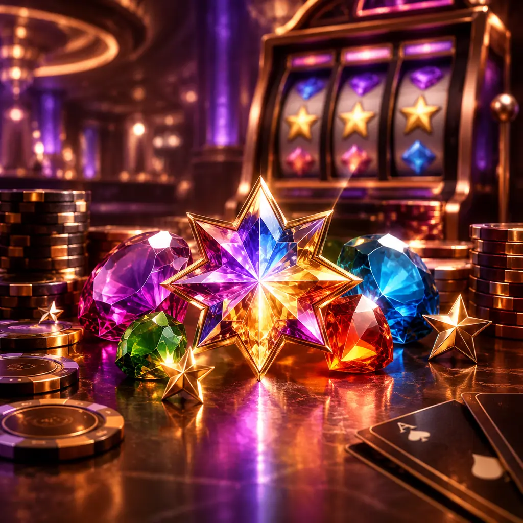 Mesin slot bernuansa kosmik dengan permata berwarna dan cip kasino