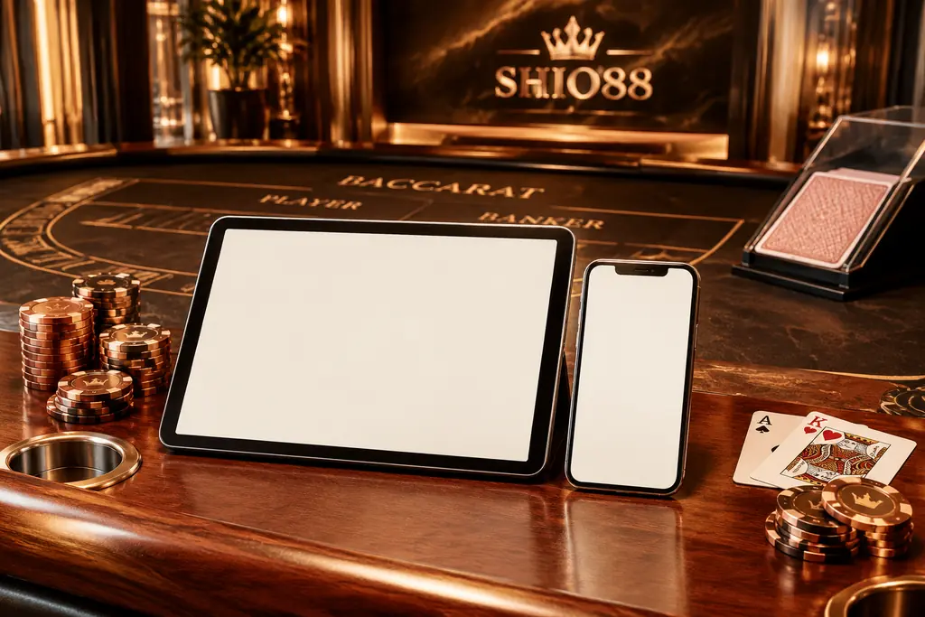 Tablet dan ponsel dengan meja permainan kasino di latar